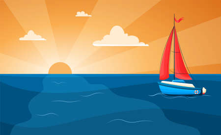 Vector illustration of a yacht at sea on a sunset background. Sailing. Yacht with scarlet sails in flat style. Sunset at sea with sailboat and seagulls. Summer vacation vector backgroundのイラスト素材