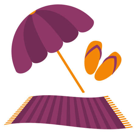 Vector set of items for a beach holiday. Summer objects: flip flops, sunbed and beach umbrella in flat style isolated on white background. Beach set in vectorのイラスト素材