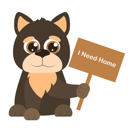 Vector dog. Cute dog show and hold posters: Looking for a new home, friends, food, love, hugs. Animal rights protection concept. Colorful vector illustration isolated on white backgroundのイラスト素材