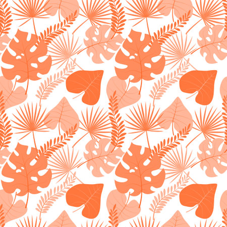 Seamless colorful pattern with coral and purple tropical leaves on a light background. Stylish vector illustration with isolated elements. Tropical pattern.のイラスト素材