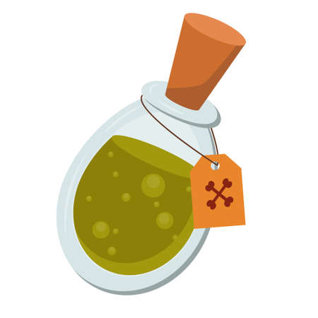 Green potion in a glass bottle with a cork. Chemical flask. Cartoon bottle of potion. Vial with a magic potion isolated on a white background. Poison in a jar with bubbles. Vector illustration for halloweenのイラスト素材