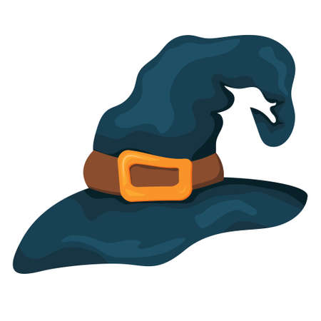 Witch or wizard hat. Dark wrinkled hat with ribbon and buckle. Accessory for Halloween, party, childrens holiday, birthday. Vector illustration isolated on white backgroundのイラスト素材