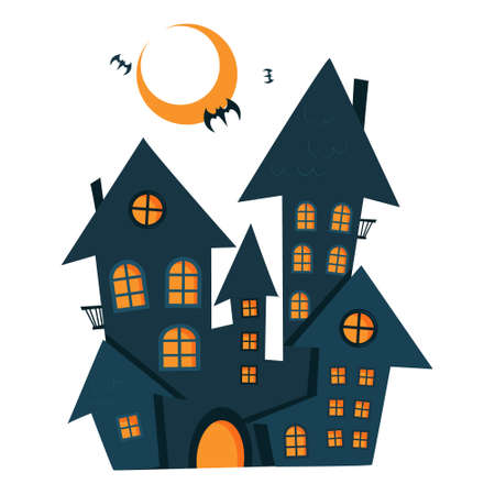 Halloween haunted house. Vector silhouette of a scary old house. Mystical spooky house. Halloween black castle. Witchs house in flat style isolated on white backgroundのイラスト素材