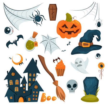 Vector set for halloween. Halloween-themed items in flat style isolated on white background. Witch house, spider web, spiders, pumpkin, witchs broom, old wizard hat, potions, headstone for halloween.のイラスト素材