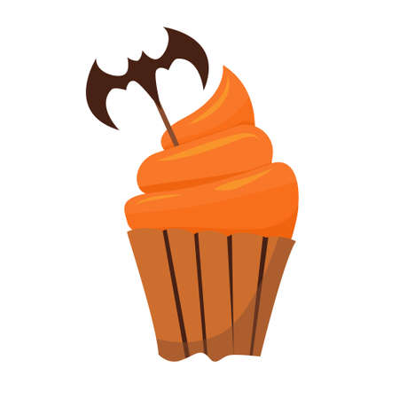 Vector halloween party cake with pumpkin frosting and bat decoration. Halloween cake isolated on white background. Scary Halloween cake with orange glazeのイラスト素材