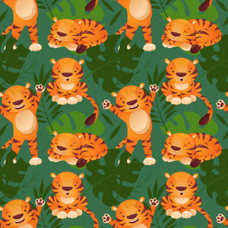 Vector summer background. Tropical print with tiger and palm leaves. Vector illustration. Flat styleのイラスト素材