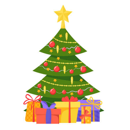 Christmas tree with gifts. Stars, decorative balls and a chain of light bulbs decorated the tree with many gift boxes. Flat style vector illustration isolated on white backgroundのイラスト素材