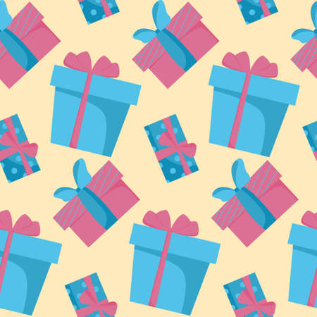 Seamless vector pattern with gift boxes in flat style. Christmas gift paper design. Festive gift wrapping. Bright and beautiful Christmas patternのイラスト素材