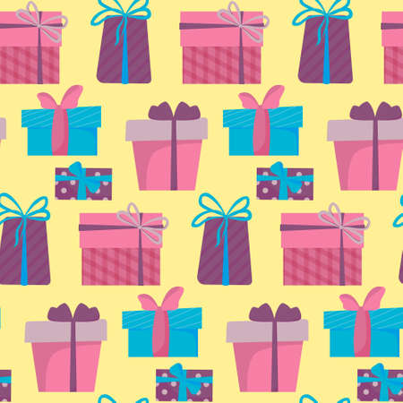 Seamless vector pattern with gift boxes in flat style. Christmas gift paper design. Festive gift wrapping. Bright and beautiful Christmas patternのイラスト素材