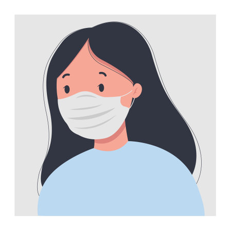 Cartoon portrait of a girl in a medical mask. Vector illustration in flat style isolated on white background. Illustrated in a trendy minimalist style. Virus protection.のイラスト素材