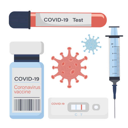 Vector set on the theme of the covid pandemic isolated on a white background. Rapid blood test medical icon for covid-19. Vaccine and syringe, test tube with covid tests. Coronavirusesのイラスト素材