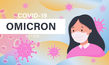 New strain of coronavirus OMICRON. Banner with a girl in a mask and covid viruses around. Omicron virus B.1.1.529. Background with viral cells. Horizontal banner, poster, header for website.のイラスト素材