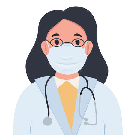 Doctor woman isolated on white background. A doctor in a white coat and a protective mask. Vector drawing of a medic in a flat style. Doctor in a flat style on a white background.のイラスト素材