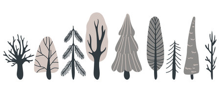 Vector set of trees in the Scandinavian style. Trees geometric line icons, vector design elements. Trees: oak, spruce, maple, pine. White background. Vector illustrationのイラスト素材