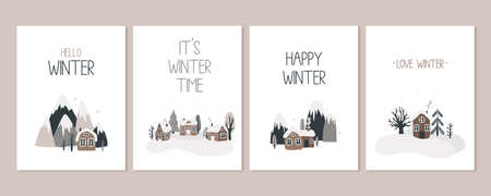 Christmas poster and greeting cards in Scandinavian style. Hand-drawn mountains and trees, winter landscape and cozy houses. Vector greeting cards with the inscriptions hello winter, happy winterのイラスト素材