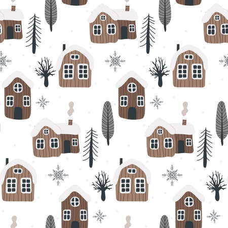 Seamless Scandinavian pattern with hand-drawn houses, mountains and trees. Vectral pattern for baby textiles, gift paper, baby room designのイラスト素材