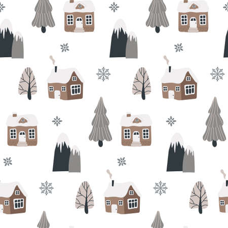 Seamless Scandinavian pattern with hand-drawn houses, mountains and trees. Vectral pattern for baby textiles, gift paper, baby room designのイラスト素材