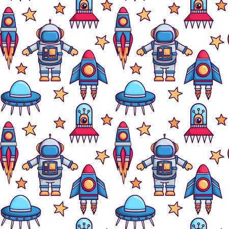 Vector seamless background with space elements. Pattern with rockets, planets and methiorite. Vector...