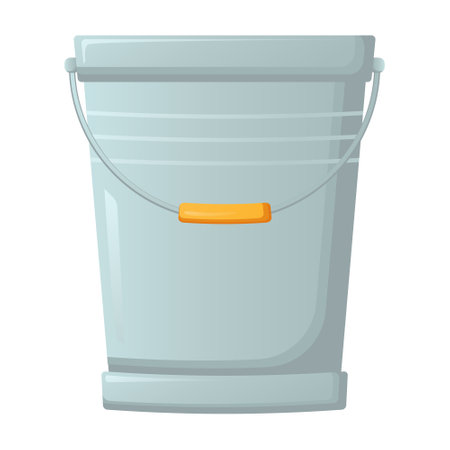 Vector drawing of a tin bucket with a handle in a flat style. The bucket is isolated on a white background. Element for garden care. Farm and animal care equipment. Nice watering bucketのイラスト素材