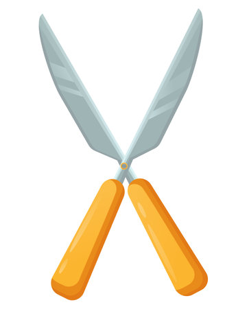 Vector illustration of a pruner with yellow handles in a flat style. Garden scissors for washing bushes isolated on white backgroundのイラスト素材