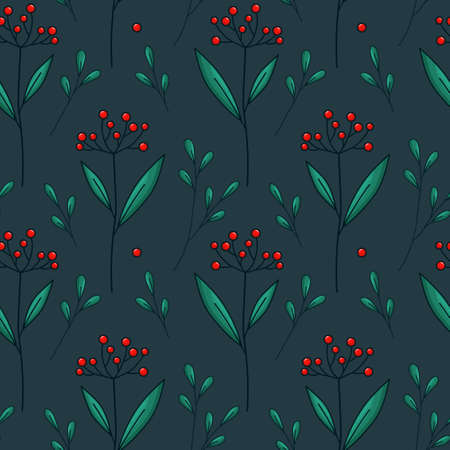 Seamless vector pattern with botanical elements. Wild herbs, medicinal plants, a twig with red...