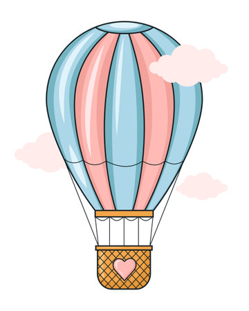 The pink striped balloon with a basket between the clouds. Color vector illustration. Cute image for coloring book, stencil, design, printsのイラスト素材