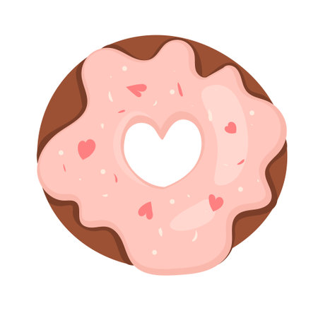 Heart shaped and isolated pink donut vector illustration of cute pink cartoon donut with heart, can be used for valentine's day greeting cards, party invitations, posters, prints and books.のイラスト素材
