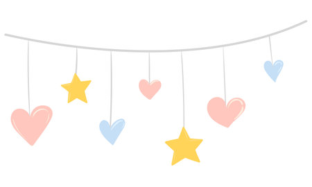 Vector garland of stars and hearts in doodle style Valentine's day, party celebration, hanging hearts, cartoon collection. Vector drawing of festive decorationのイラスト素材