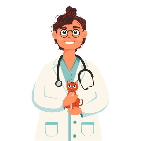 A young female veterinarian holds a ginger cat in her hands. Illustration in flat style, object isolated on white background. Treatment of animals, love of pets.のイラスト素材