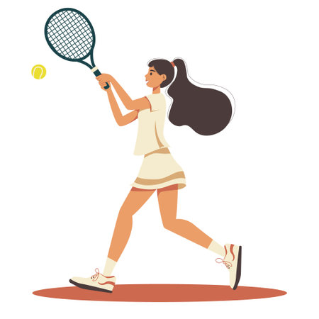 Girl tennis player hits the ball with a racket, isolated on a white background. Vector flat illustration of a big tennis player, with a stylized girl in a uniform for playing tennis, trendy colors.のイラスト素材