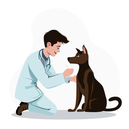 A young male veterinarian gives a large dog a bone. Illustration in flat style, object isolated on white background. Attitude towards animals, love for pets..のイラスト素材