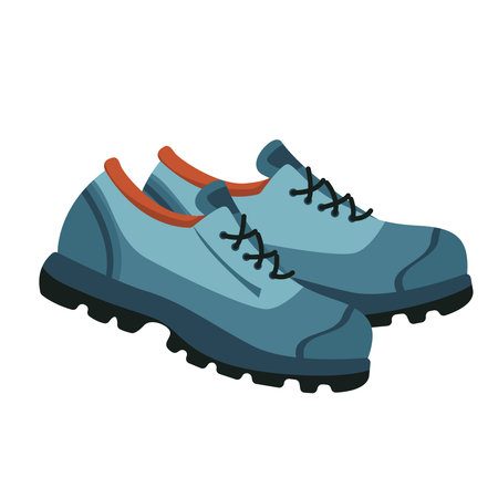 Hiking boots with laces and thick soles for hiking. Durable travel shoes made of leather, with laces in flat vector style isolated on a white background. A travelers item of clothing. Doodle cartoon.のイラスト素材