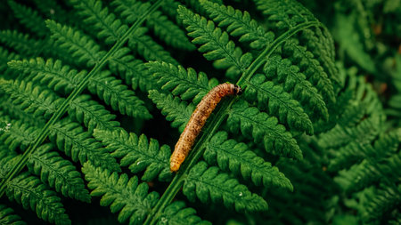 Rich green background with fern and caterpillar. Beautiful green fern in the summer forest. Natural landscapes of forestsの写真素材