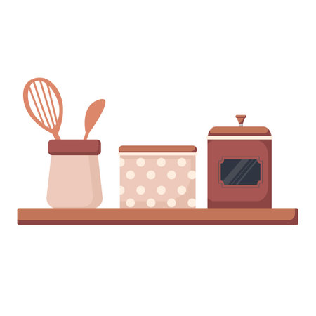 Vector flat illustration of a kitchen shelf with kitchen utensils, cans for cereals and bulk, isolated on a white backgroundのイラスト素材