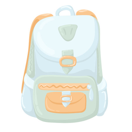 Vector drawing of a school backpack in flat style. Back to school, collecting childrens bags. Hand drawn vector illustration isolated on white background. Modern flat cartoon style.のイラスト素材