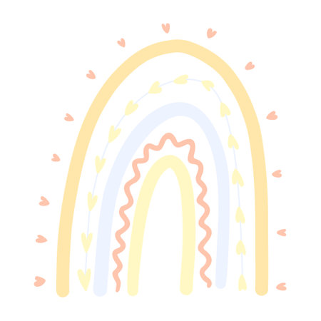 Cartoon rainbows with hearts, in pastel colors, isolated on a white background. Cute bright colorful arch elements isolated vector set for baby or kids design. Rainbow shaped collection.のイラスト素材