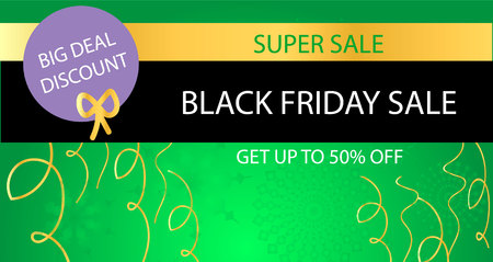 Black friday sale banner with snowflakes, bow and gold tinsel for on-line internet shop. Vector illustrationのイラスト素材