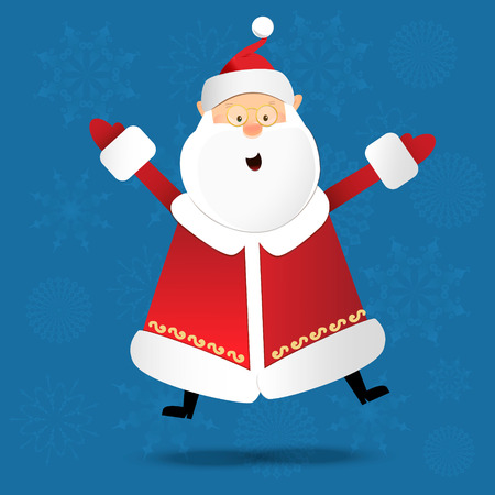 Happy Santa claus in glasses wearing long red coat isolated on blue background with snowflakes, christmas design, vector illustration graphicのイラスト素材