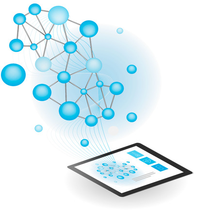 Tablet computer with medical technology icons and chemical or biological bonding, vector medical element background, heart, medicine bottleの写真素材