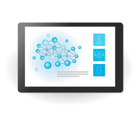 Tablet computer with medical technology icons and chemical or biological bonding, vector medical element background, heart, medicine bottleの写真素材