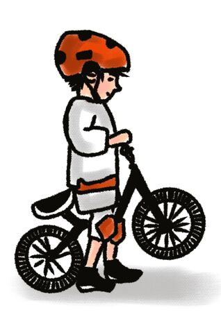 boy on bicycle standing isolated on whiteの写真素材