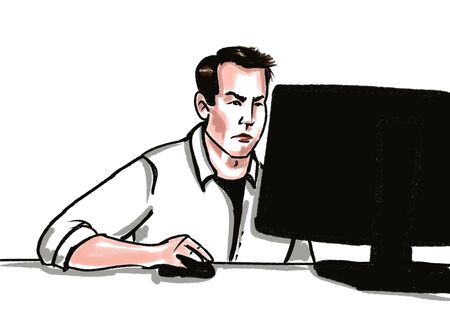 young man in shirt working on the computerの写真素材