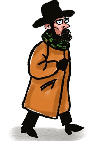 middle aged man in coat and hat walking isolated on whiteの写真素材
