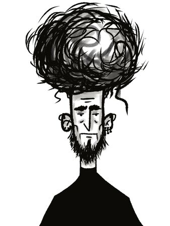 hand drawn cartoon character young funny man with curly hair isolated on whiteの写真素材