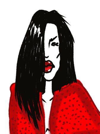 cartoon character young beautiful woman with plump red lips and long hair isolated on whiteの写真素材