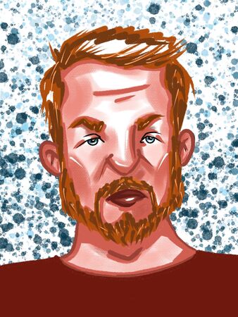 Hand drawn sketch portrait of cartoon character young handsome bearded ginger man with blue eyesの写真素材