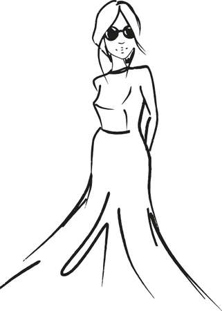 fashion sketch of young beautiful woman in sunglasses and in dress standing isolated on whiteのイラスト素材