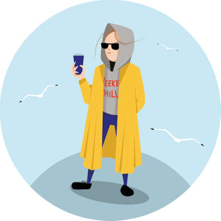 vector flat illustration woman in coat standing with a cup of coffeeのイラスト素材