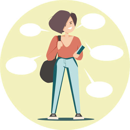 vector flat illustration of young happy woman student standing and smilingのイラスト素材