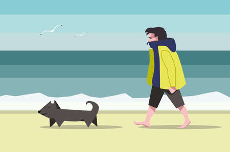 vector flat illustration with man walking with dog on the beachのイラスト素材